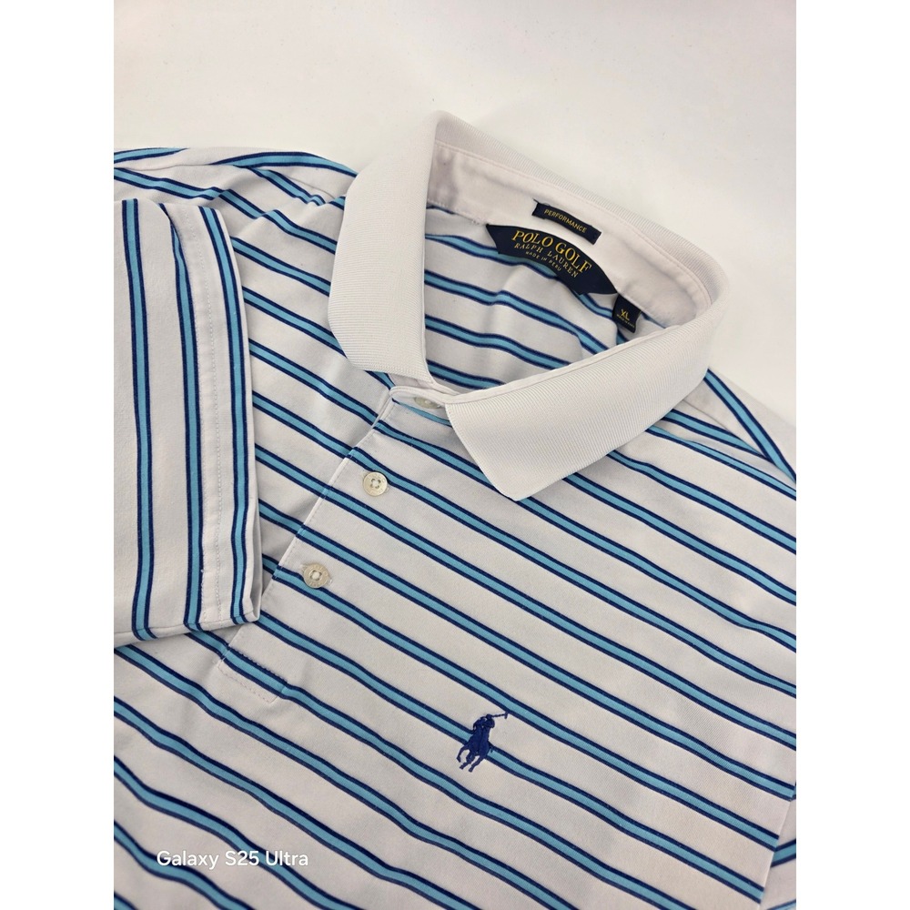 Polo Golf Ralph Lauren Performance Shirt Mens XL White Blue Striped Short Sleeve